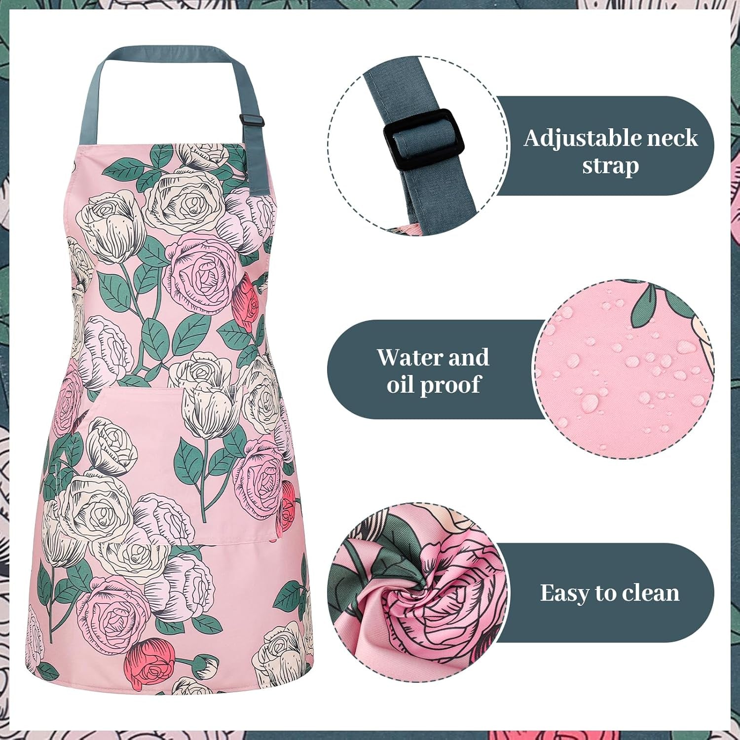 3 Pack Floral Aprons for Women with 2 Pockets. Women Aprons Waterproof Adjustable Cooking Aprons for Kitchen. Gardening. Baking. Salon Apron Gift for Mom Wife Sister Grandma - Image 3
