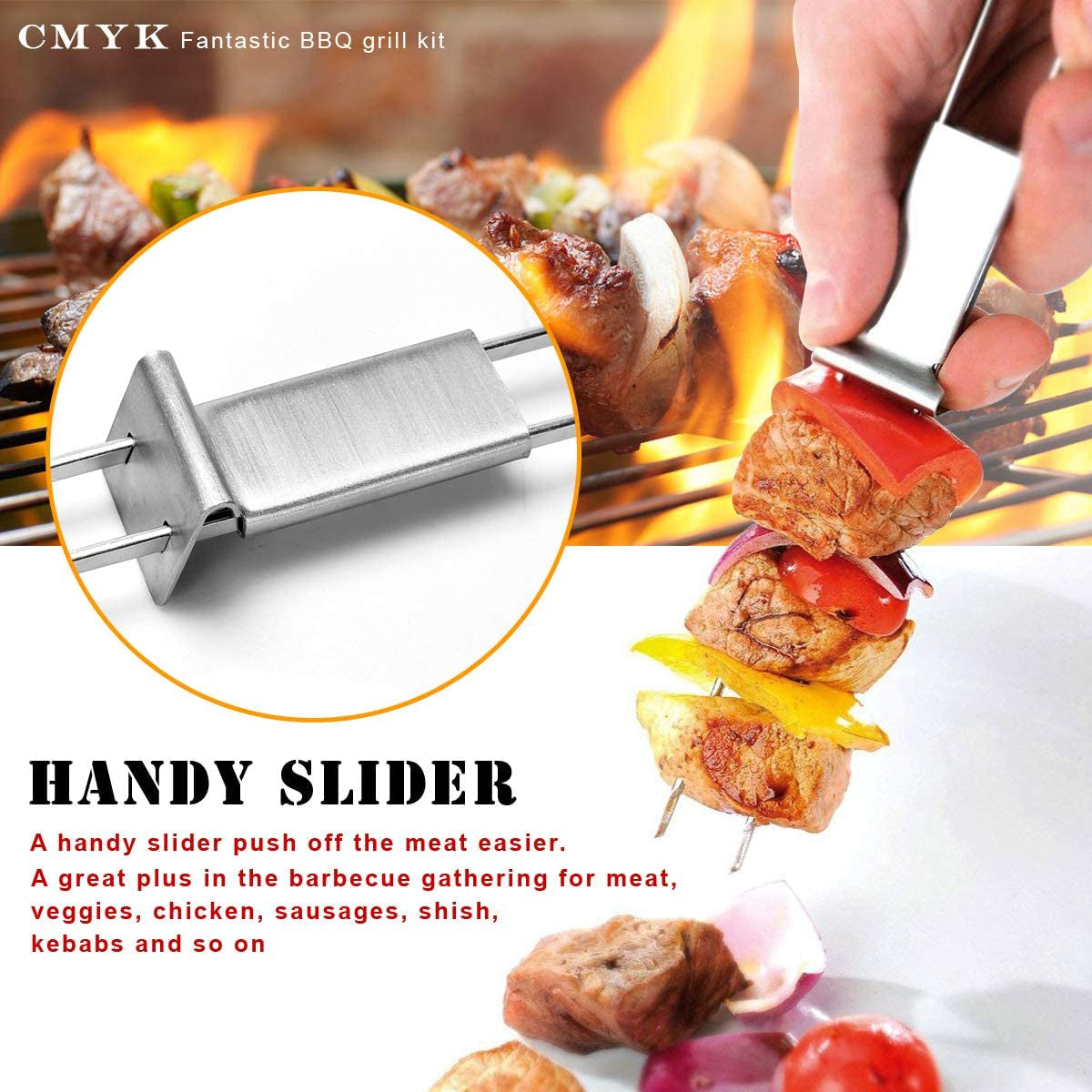 Barbecue Skewers. CMYK 6-Pack 13 Stainless Steel Grilling Skewers with Slider. Reusable Metal BBQ Shish Kabob Skewers Sticks - Image 5