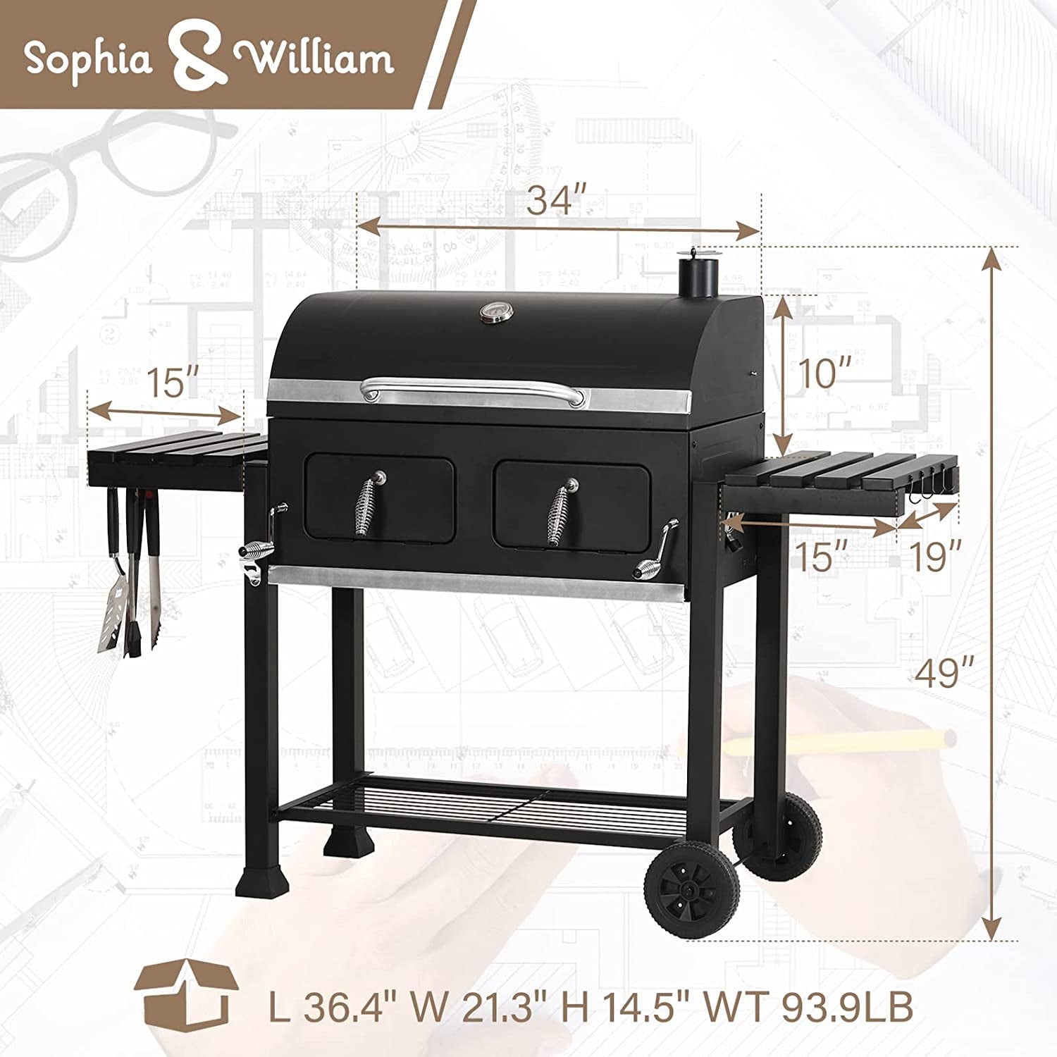 Sophia & William Heavy-Duty Charcoal BBQ Grills Extra Large Outdoor Barbecue Grill with 794 SQ.IN. Cooking Area. Dual-Zone Individual & Adjustable Charcoal Tray and Foldable Side Table. Black - Image 6