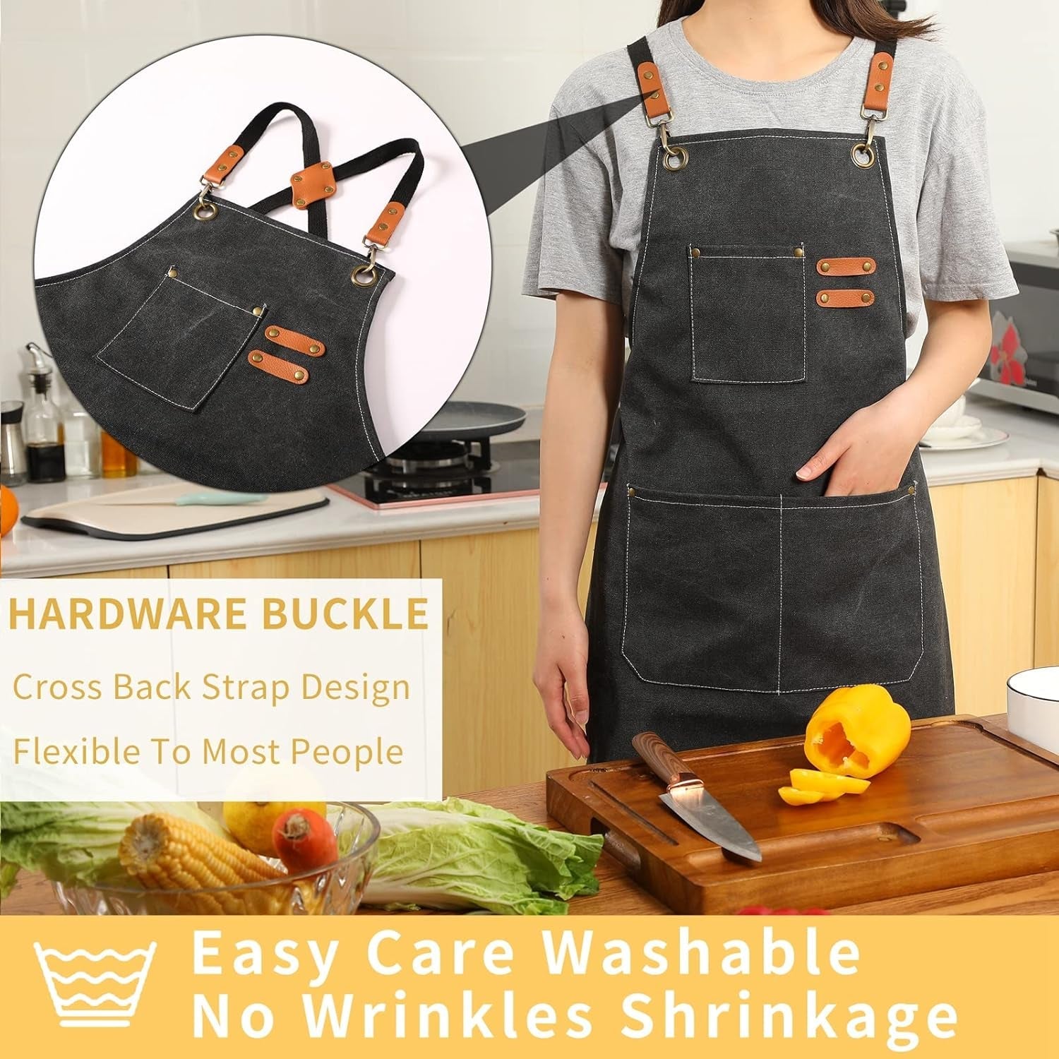 Canvas Cross Back Chef Cotton Aprons for Men Women with Large Pockets - Image 3