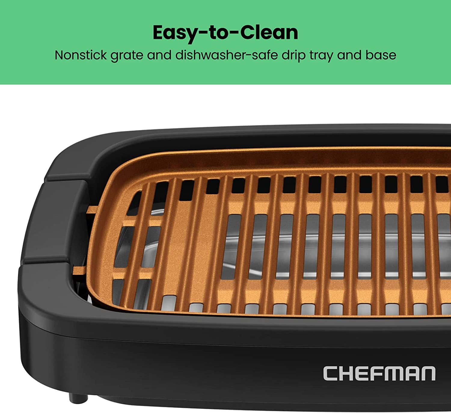 Chefman Smokeless Indoor Electric Grill. Copper. Extra Large. Nonstick Table Top Grill for Indoor Grilling and BBQ with Adjustable Temperature Control. Nonstick Dishwasher-Safe Parts. 9 X 15 - Image 6
