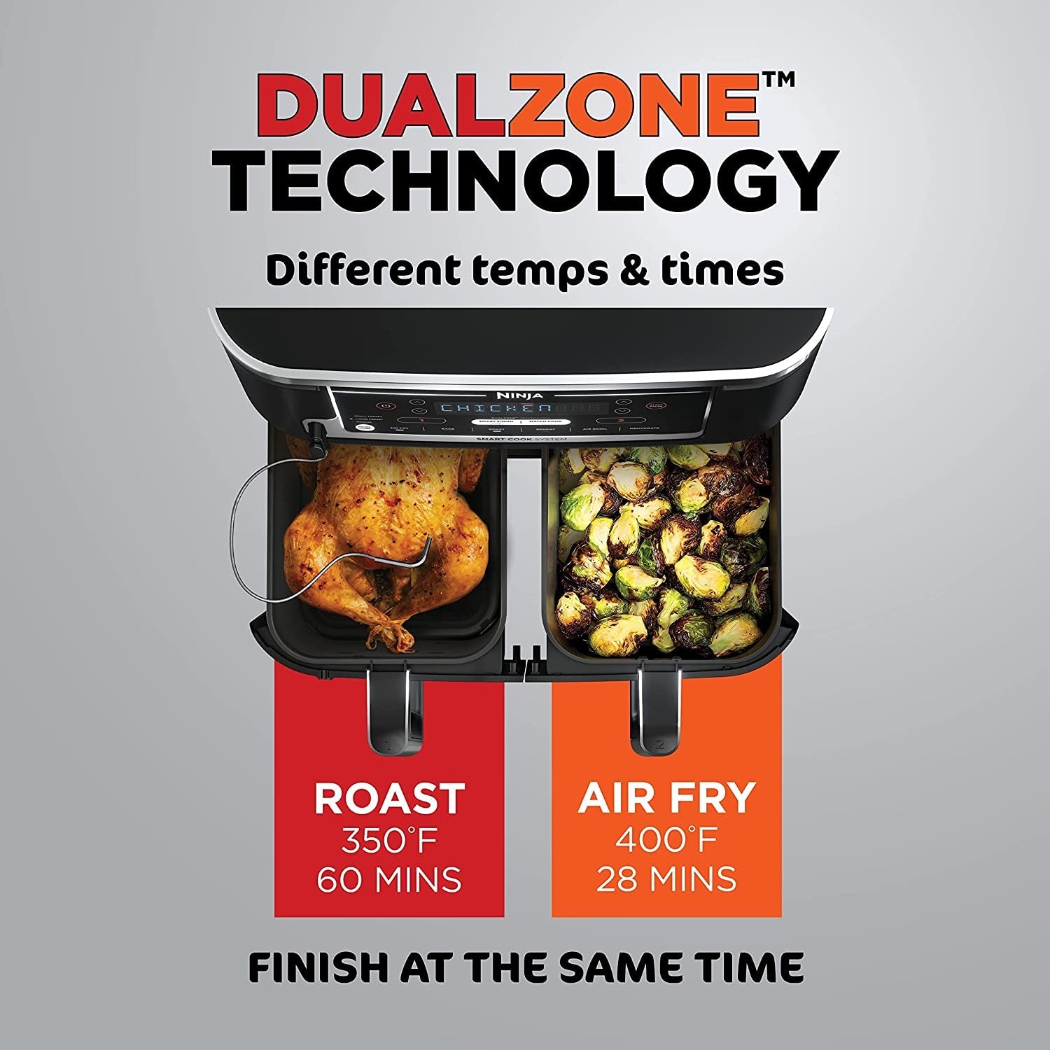 DZ550 Foodi 10 Quart 6-In-1 Dualzone Smart XL Air Fryer with 2 Independent Baskets. Thermometer for Perfect Doneness. Match Cook & Smart Finish to Roast. Dehydrate & More. Grey - Image 10