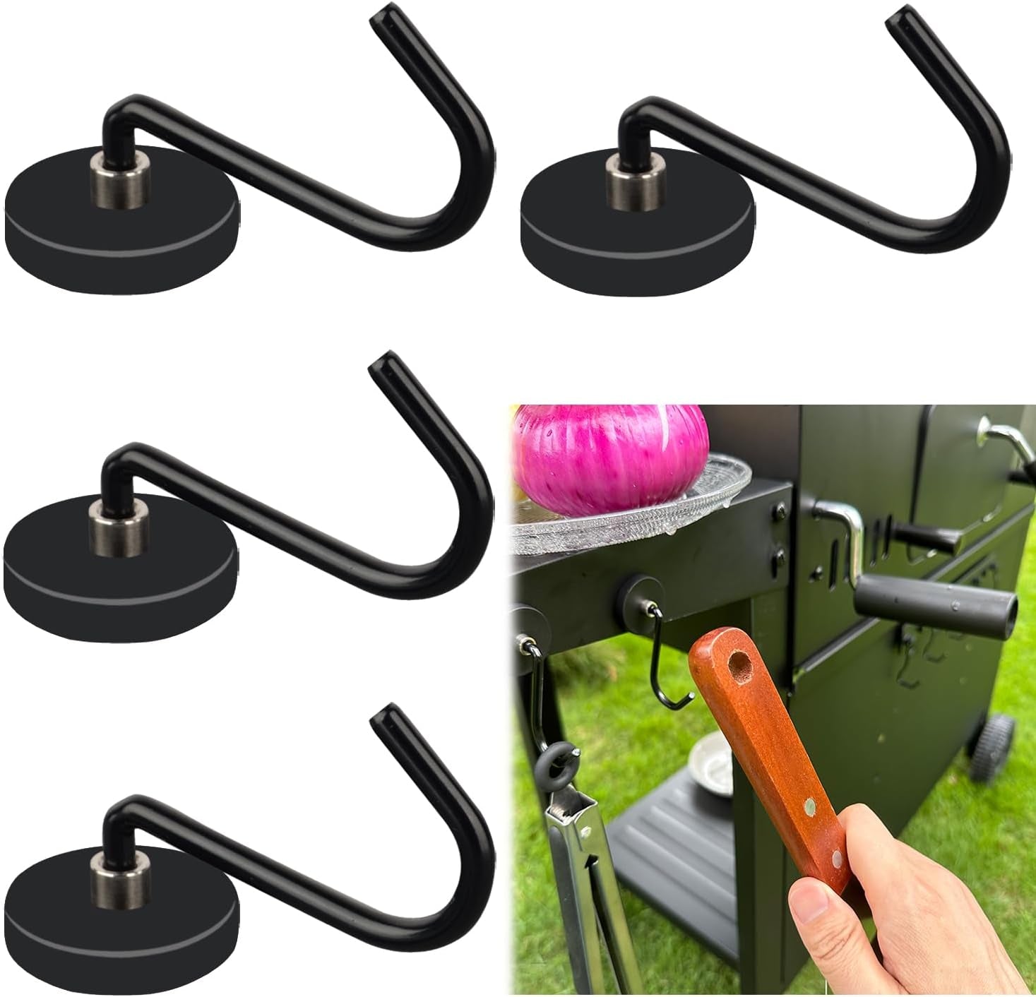 SKNOOY 4 Pack Heavy Duty Magnetic Grill Hooks. Magnet Hooks for Grill Utensils. Rust Proof Outdoor Magnetic Tools Hangers. Powerful Magnetic Hooks for BBQ Tools Refrigerator Locker Kitchen Office