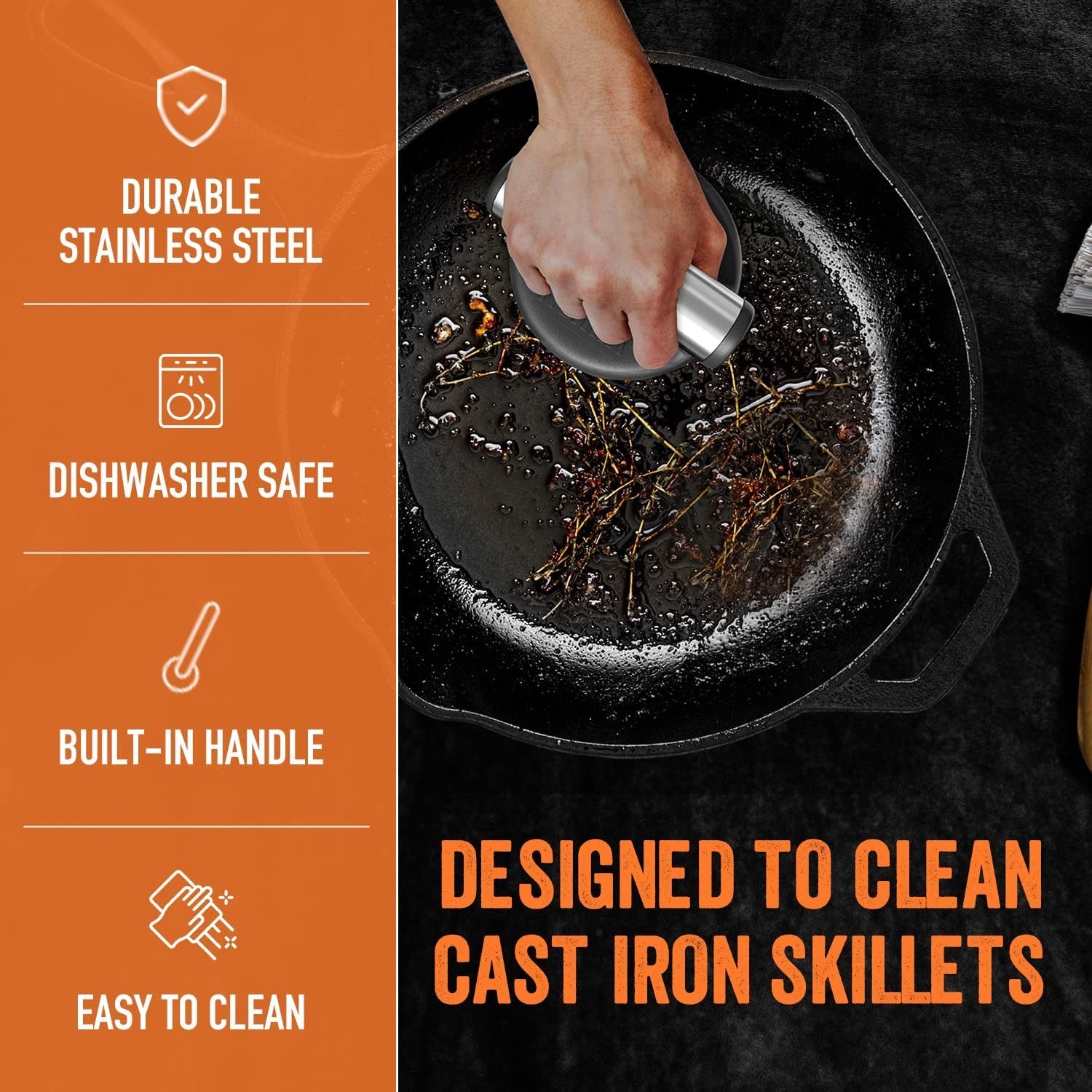 ™ Cast Iron Skillet Cleaner the Cast Iron Scrubber and Grill Brush - Perfect for Cleaning Cast Iron Cookware - Grills and Griddles - Built with Welded Stainless Steel Rings - Image 4