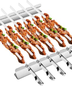 Barbecue Skewer. Bearmoo 17 Stainless Steel Shish Kabob Skewers – 0.35 Width Flat BBQ Metal Skewers for Grilling (Set of 6 Skewers + 2 Grill Racks + 1 Handy Storage)