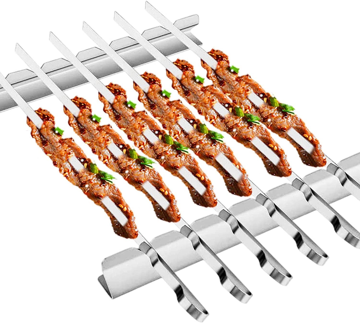 Barbecue Skewer. Bearmoo 17 Stainless Steel Shish Kabob Skewers – 0.35 Width Flat BBQ Metal Skewers for Grilling (Set of 6 Skewers + 2 Grill Racks + 1 Handy Storage)
