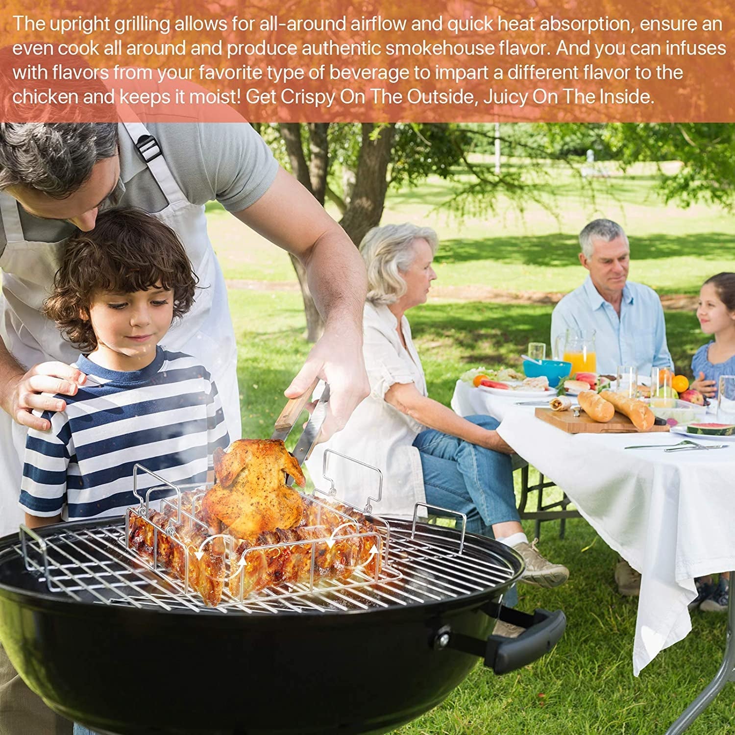 RUSFOL Beercan Chicken Roaster and Rib Rack with a Silicone Oil Brush. Square Stainless Steel BBQ Stand for Smoker.Oven and Grill. Cook up to 4 Ribs and a Whole Chicken at a Time - Image 5