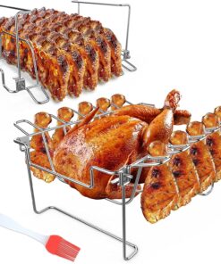 3 in 1 Extra Large Rectangle Rib Rack&Chicken Leg Rack with Brush. Stainlesss Steel Roasting Rack with 2 Handle for Smoker. Oven and Grill. Holds up to 5 Ribs. Easy to Use&Clean