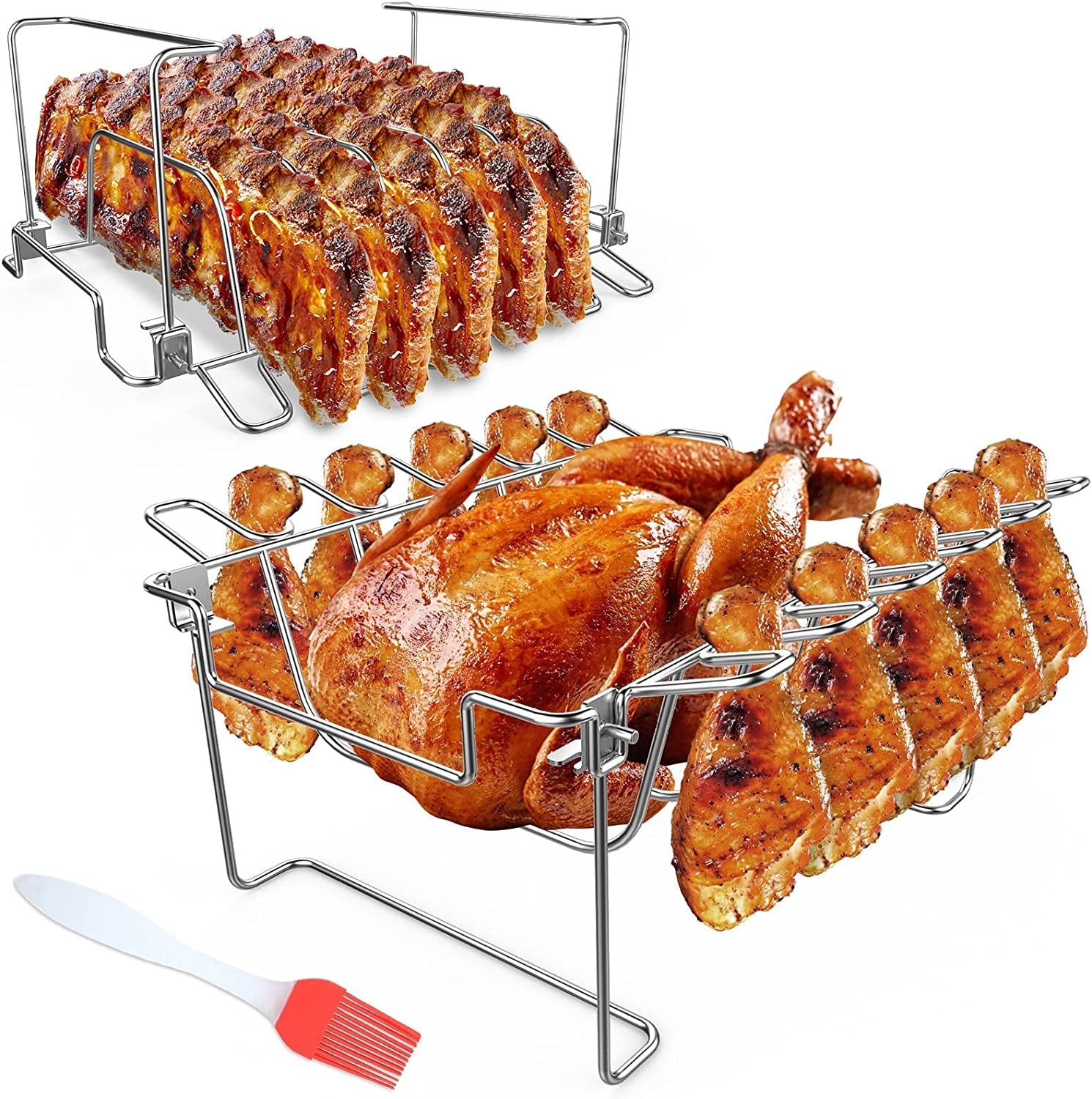 3 in 1 Extra Large Rectangle Rib Rack&Chicken Leg Rack with Brush. Stainlesss Steel Roasting Rack with 2 Handle for Smoker. Oven and Grill. Holds up to 5 Ribs. Easy to Use&Clean