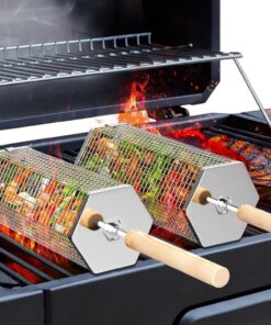 Rolling Grill Baskets(2Pcs. Hexagon). Removable Wooden Handle. 304 Stainless Steel. Nesting Grilling Net. BBQ Accessories Tools for Vegetables Shrimp. Outdoor Cooking Camping. Birthday Gifts for Men Dad Husband