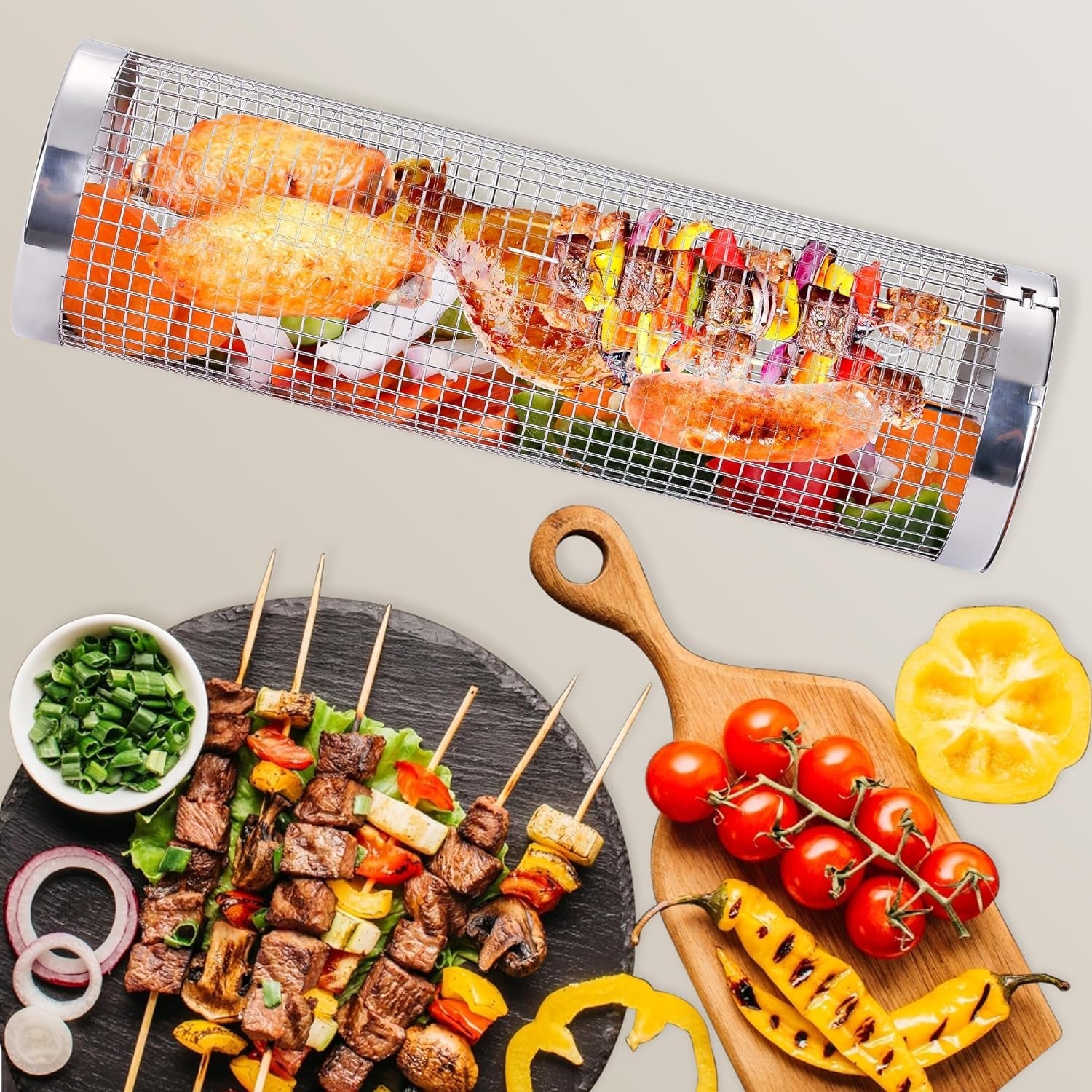 Rolling Grill Baskets. 2Pack Outdoor Veggies Grill BBQ Net Tube Tools Set. Stainless Steel round Mesh Rotation Barbecue Cylinder Cage Camping Cooking Accessories for Shrimp. Meat - Image 6