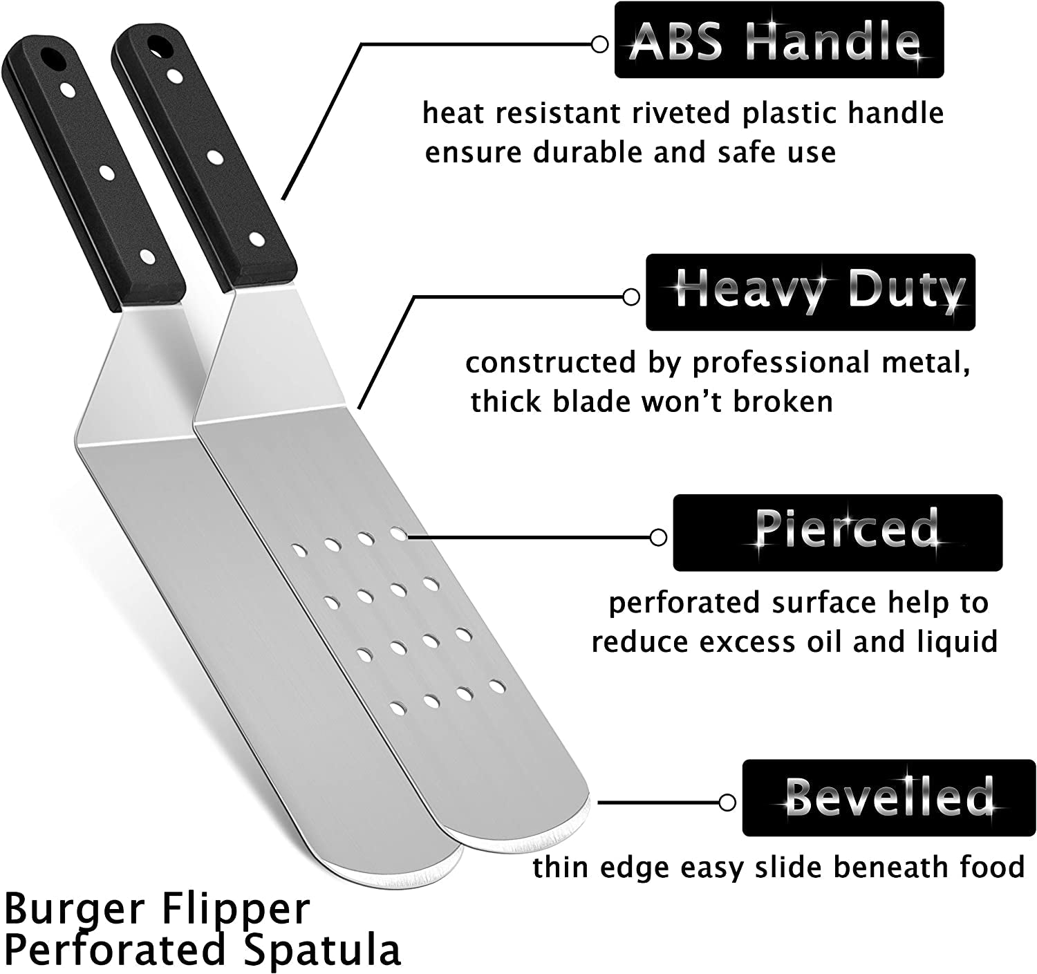 Hasteel Metal Griddle Spatula. Stainless Steel Long Spatula with Riveted Handle. Heavy Duty Perforated & Solid Spatula Burger Turner for Teppanyaki BBQ Flat Top Grilling Cooking. Dishwasher Safe - Image 2
