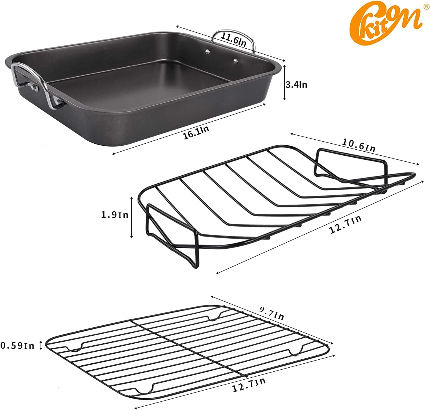 Kitcom Nonstick Roasting Pan. Roaster with Rack - 16 Inch Rectangular Grill Suitable for Turkey. Roast Chicken. Ham. Dishwasher Safe (9.5QT) - Image 2