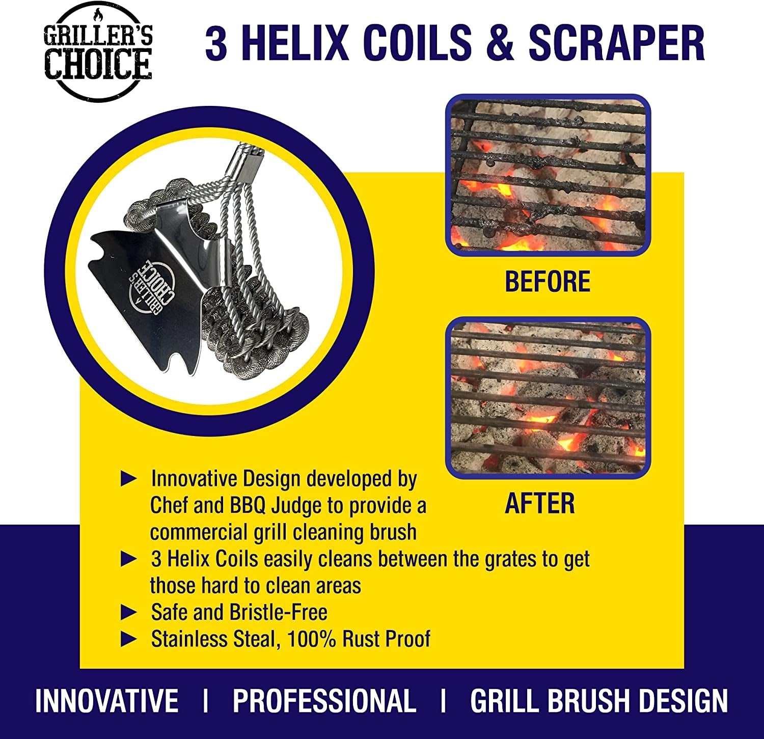 Commercial Grill Brush - 2 Headed Double Helix Coils. Bristle Free. 18 Long Handle. 3 in 1 Professional Barbecue Cleaner. Stainless Steel. All Grill Types. - Image 2