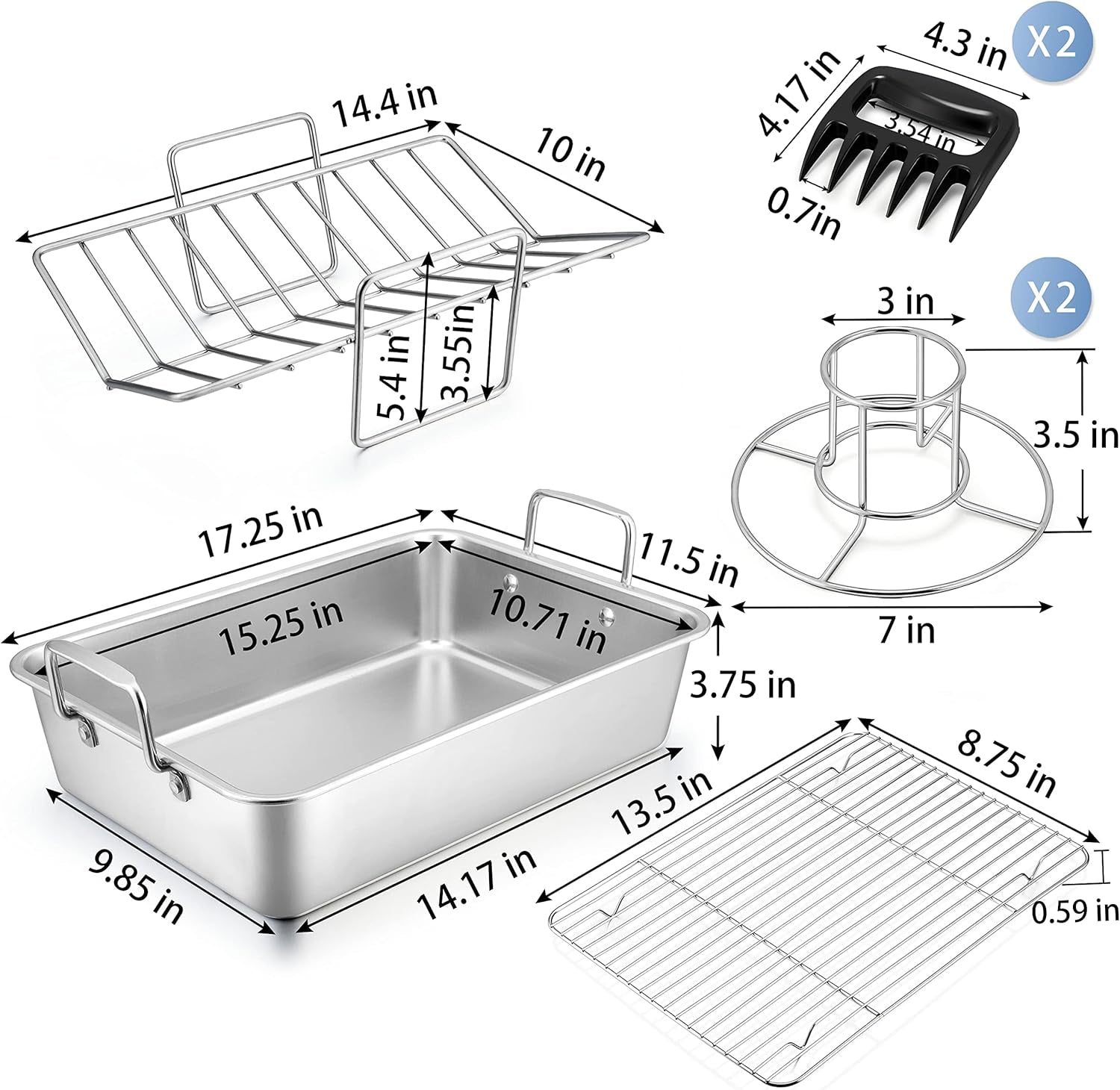 15¼ Roasting Pan with Rack. 7 PCS P&P CHEF Stainless Steel Roaster Lasagna Pan with Cooling Flat & V-Shaped Baking Rack. Grilling Chicken Holder. Meat Shredding Claws. Dishwasher & Oven Safe - Image 2