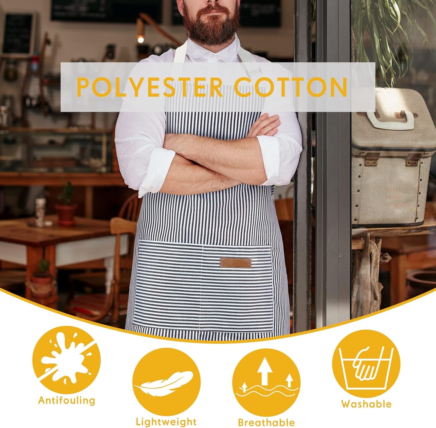 Cooking Apron with Pockets Waterproof Baking Apron Soft Chef Kitchen Aprons Cotton Polyester Blend Adjustable Bib Aprons for Women Men. Crafting BBQ. Black. Blue. Pink. Grey Stripes(4 Pcs) - Image 4