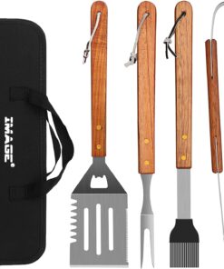 Wooded BBQ Accessories Grilling Tools.Stainless Steel BBQ Tools Grill Tools Set for Cooking. Backyard Barbecue & Outdoor Camping Gift for Man Dad Women Barbecue Enthusiasts Set of 4