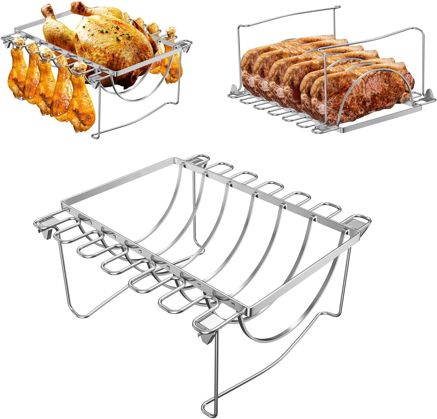 BMMXBI Foldable 3-In-1 Chicken Leg Rib Rack for Grill. Oven. Holds 12 Chicken Leg Wing. 6 Large Ribs. 1 Whole Chicken. Stainless Steel Rib Chicken Drumstick Roasting Racks Smoker Accessories - Image 6