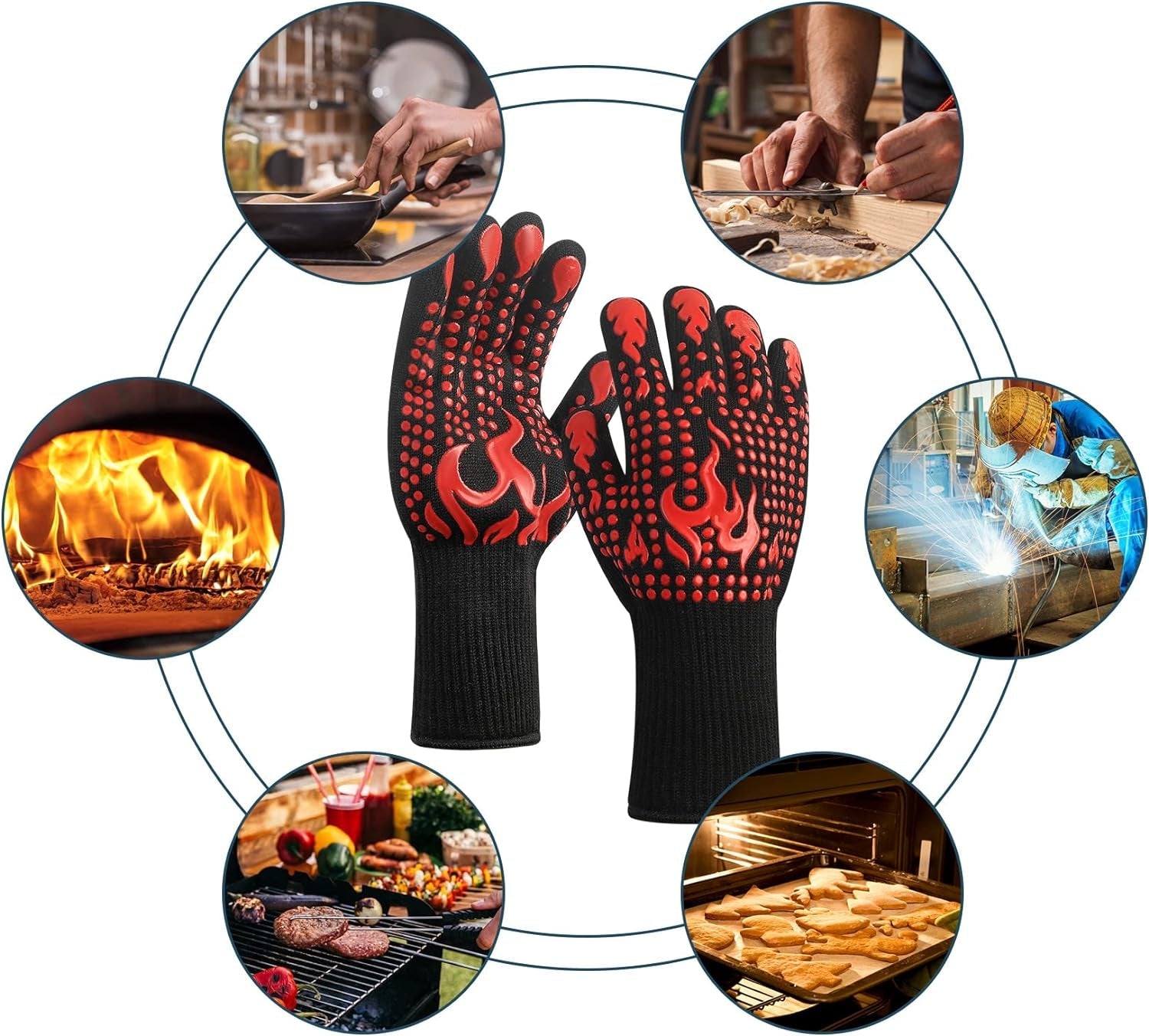 1 Pair/2 Pieces BBQ Gloves. Grilling Gloves. Heat Resistant Barbecue Oven Gloves. 1472°F/800°C Kitchen Fireproof Mitts Heat Proof for Grilling. Baking. Cooking. Welding Gloves Mitts - Red - Image 7