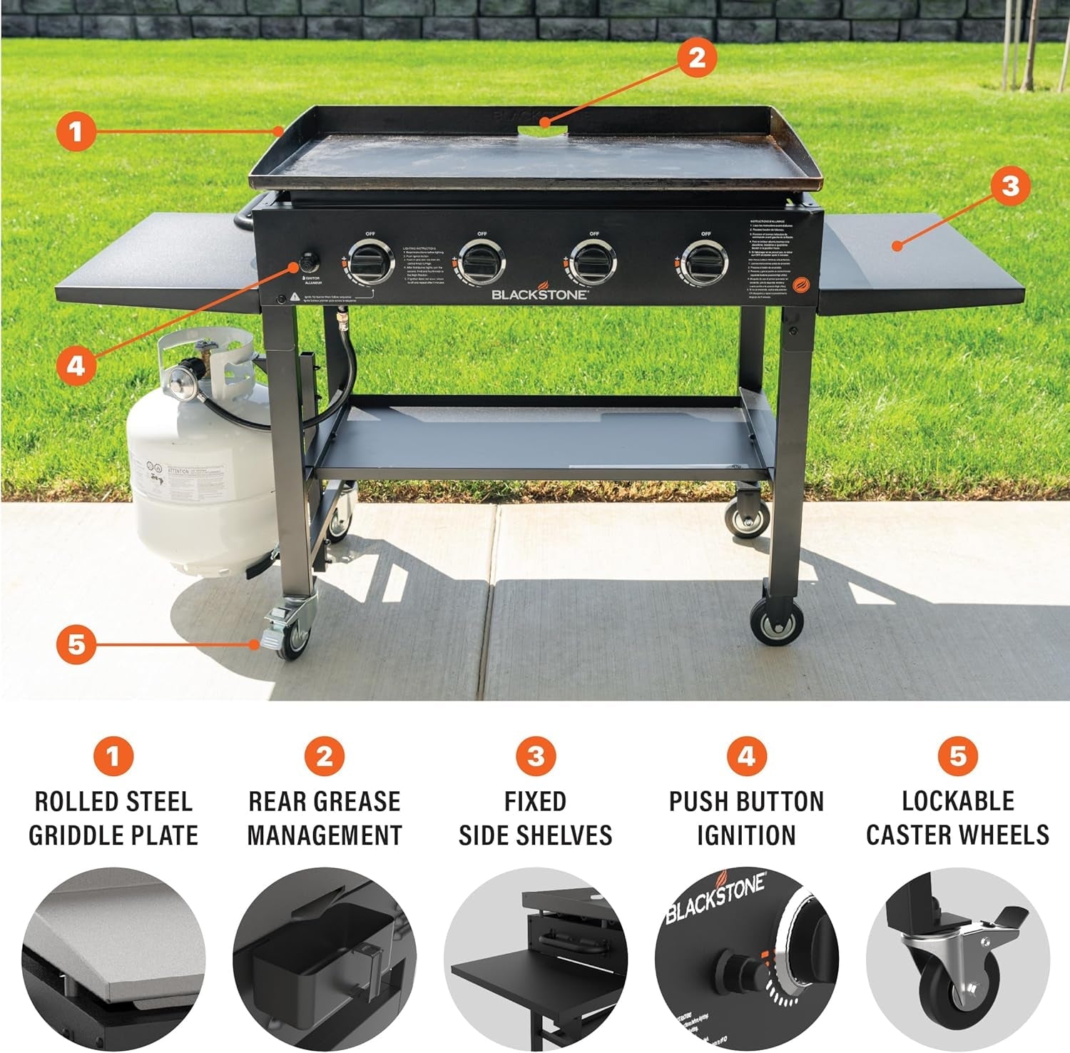 36 Inch Gas Griddle Cooking Station 4 Burner Flat Top Gas Grill Propane Fuelled Restaurant Grade Professional 36 Outdoor Griddle Station with Side Shelf (1554) - Image 2