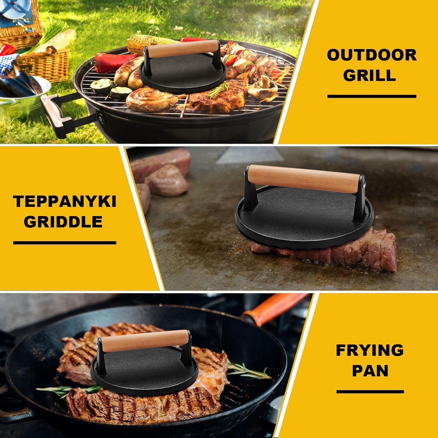 AIVIKI Burger Press. Smash Burger Press for Blackstone Griddle. Heavy Duty Cast Iron round 6.9In Bacon Grill Press with Wood Handle. Meat Steak Weight for Sandwich. Paninis (Round) - Image 6