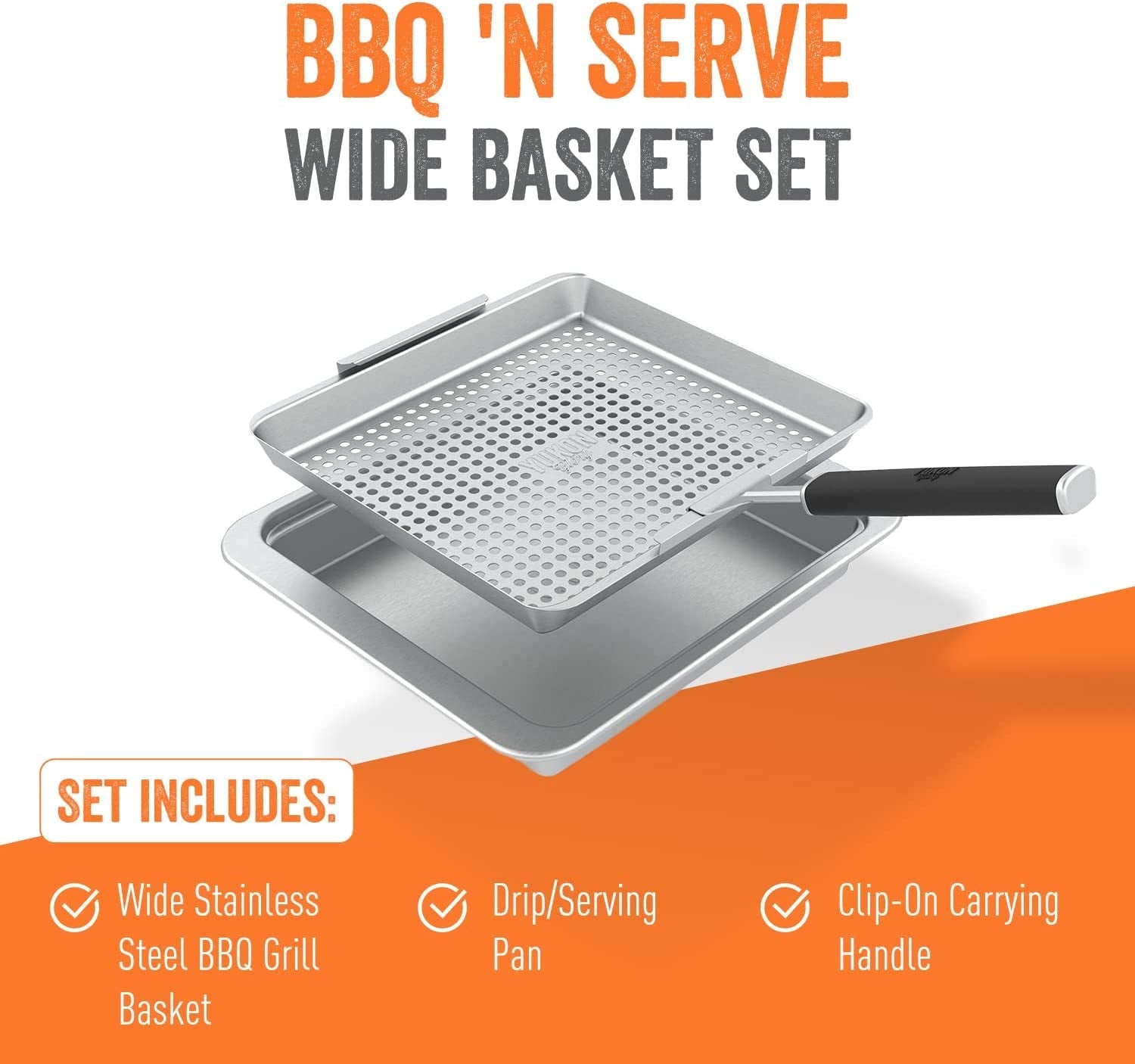 Yukon Glory™ BBQ 'N SERVE Wide Basket Set - BBQ Grill Basket - the Grilling Basket Includes a Serving Tray & Clip-On Handle - Perfect Grill Baskets for Outdoor Grill Vegetables or Fish Basket & Meat - Image 5