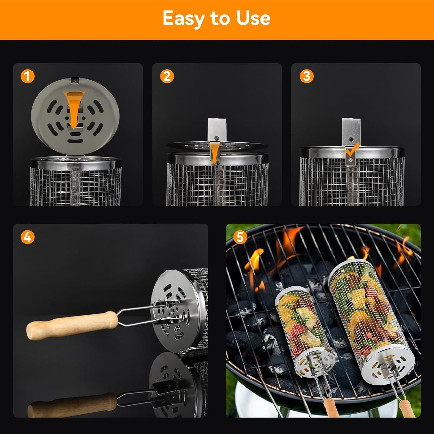 Rolling Grill Baskets for Outdoor.2 PCS BBQ Grilling Basket with Removable Wooden Handle. 5 and 3Diameter 304 Stainless Steel BBQ Net for Vegetables Seafood Meat. Camping Birthday Gifts for Men Dad Husband - Image 8