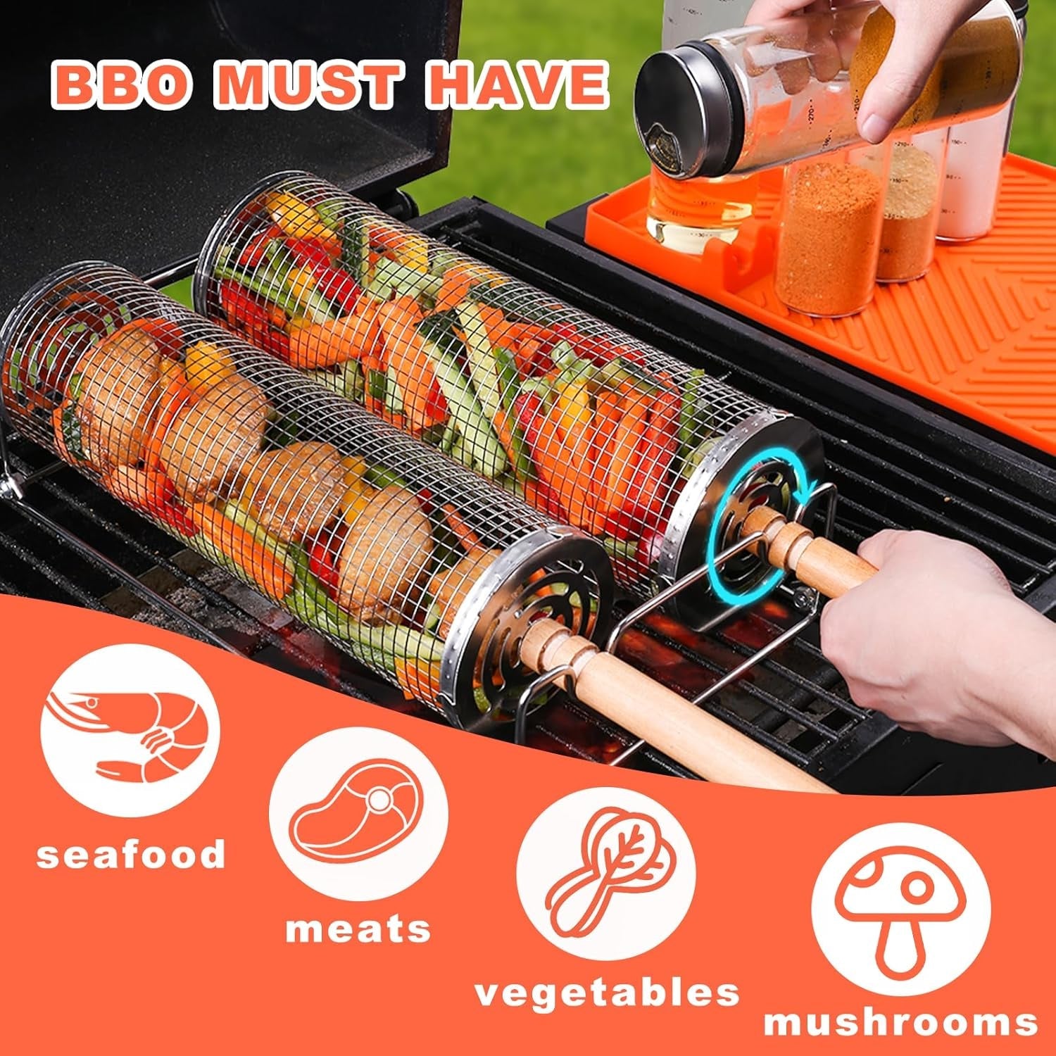 2 PCS Nesting Grill Baskets Rolling Grilling Baskets. Removable Wooden Handle. Stainless Steel Grill Accessories Set. Portable Grill Vegetables. Fish. Shrimp. Meat. Fries for Men Dad Husband - Image 2