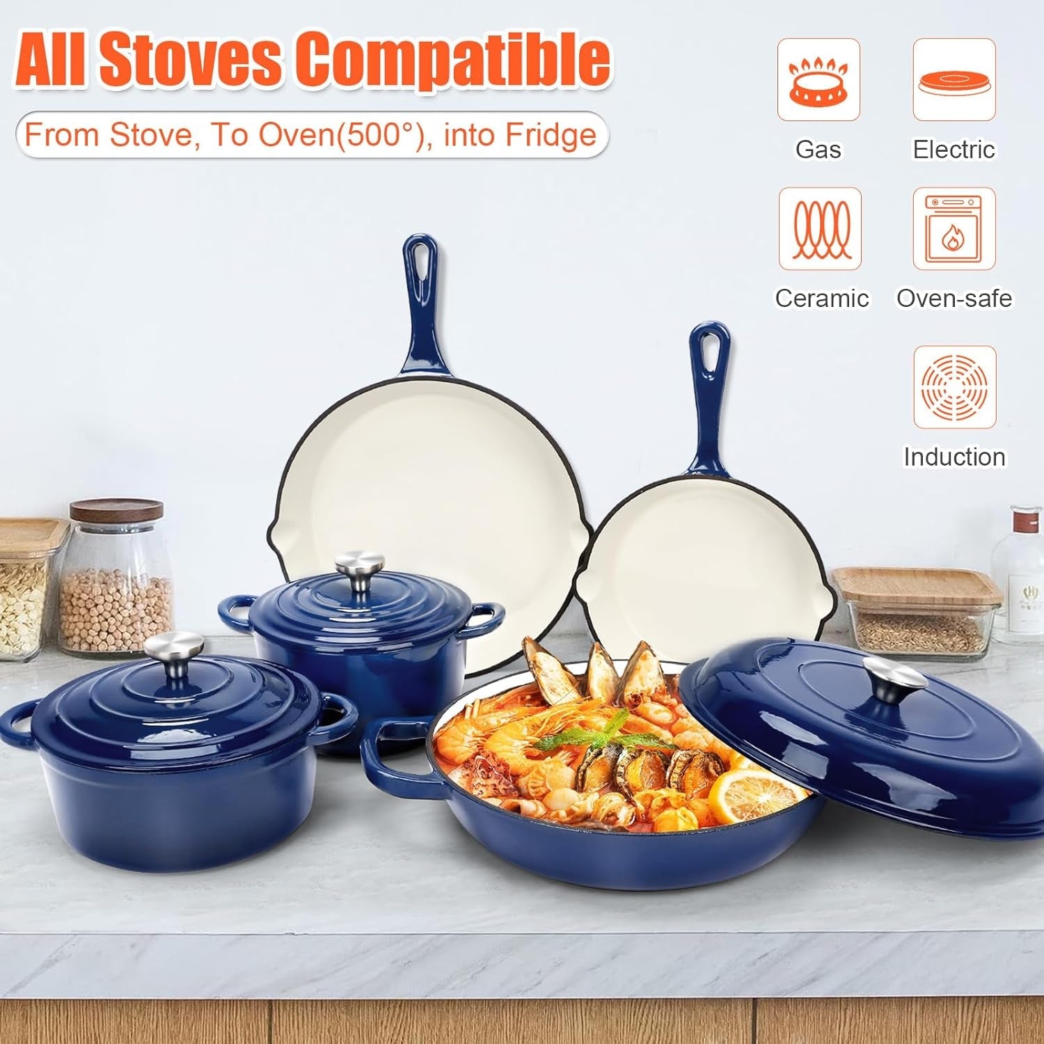 Nonstick Enameled Cast Iron Cookware Set. 8-Pcs Pots and Pans with Lid. Frying Pan Skillet. Sauce Pan. Healthy round Dutch Oven Pot for Sourdough Bread Baking on All Stovetop. Come with Organizer.Navy - Image 6