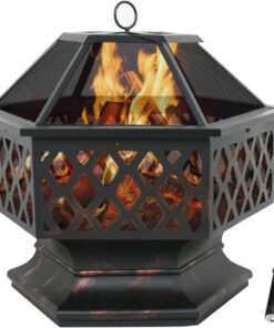 F2C Hex-Shaped Fire Pit with Fire Picker for Garden 24 Inch Wood Burning Bonfire Firebowl Outdoor Portable Steel Firepit with Flame-Retardant Mesh Lid for Patio Backyard Garden Beach Camping Picnic
