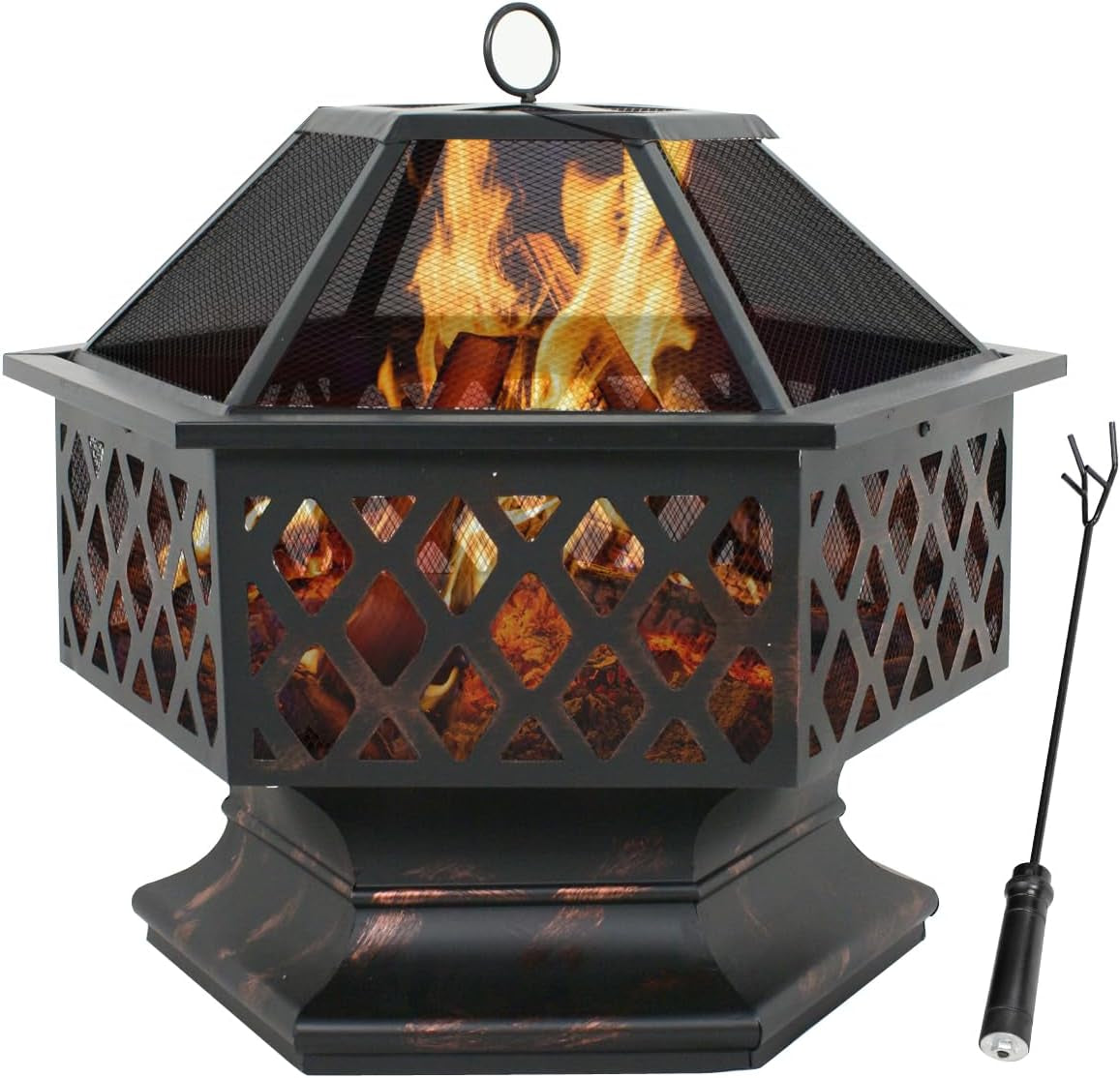 F2C Hex-Shaped Fire Pit with Fire Picker for Garden 24 Inch Wood Burning Bonfire Firebowl Outdoor Portable Steel Firepit with Flame-Retardant Mesh Lid for Patio Backyard Garden Beach Camping Picnic