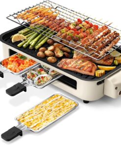 Pukomc Electric Indoor Grill.2 in 1 Indoor Grills for Kitchen with Grill Net & Non-Stick Cooking Removable Plate. Temperature Control. Dishwasher Safe. 1500W Smokeless Barbecue