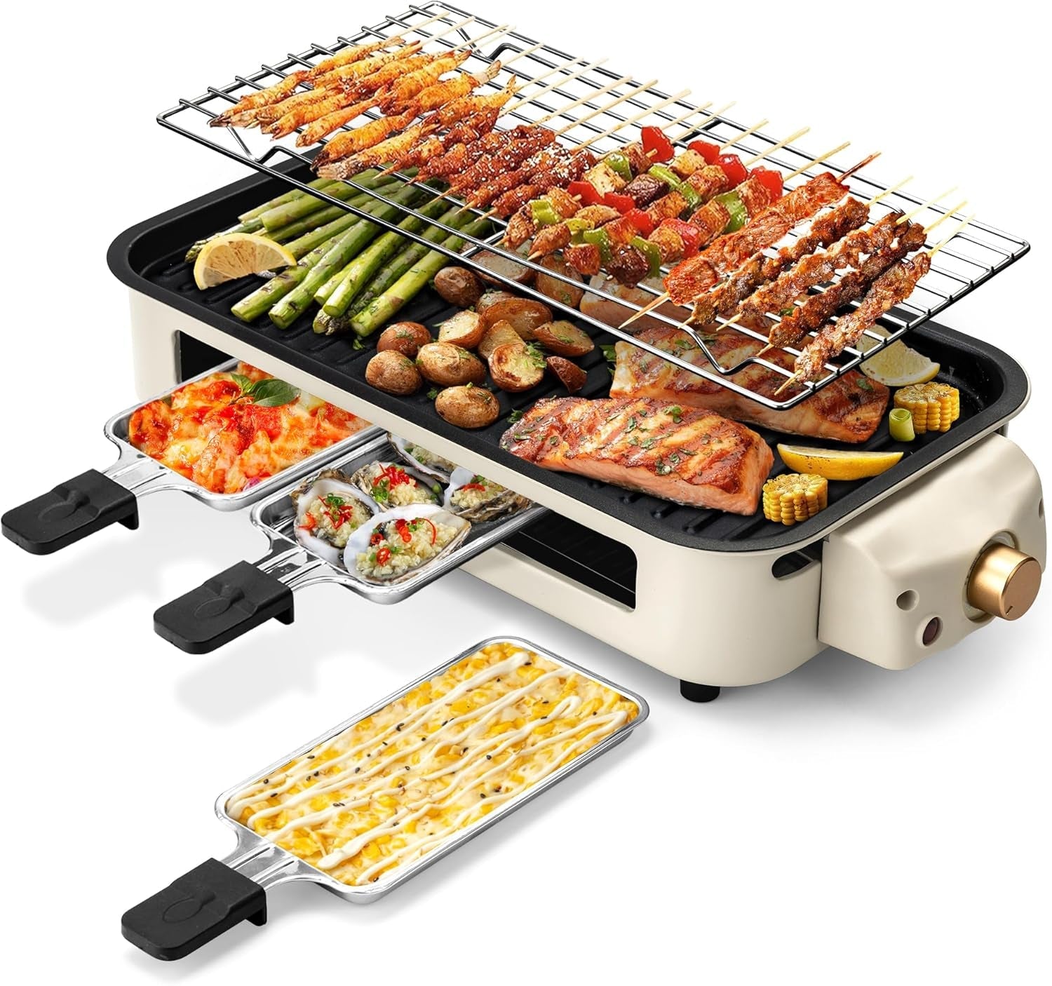 Pukomc Electric Indoor Grill.2 in 1 Indoor Grills for Kitchen with Grill Net & Non-Stick Cooking Removable Plate. Temperature Control. Dishwasher Safe. 1500W Smokeless Barbecue