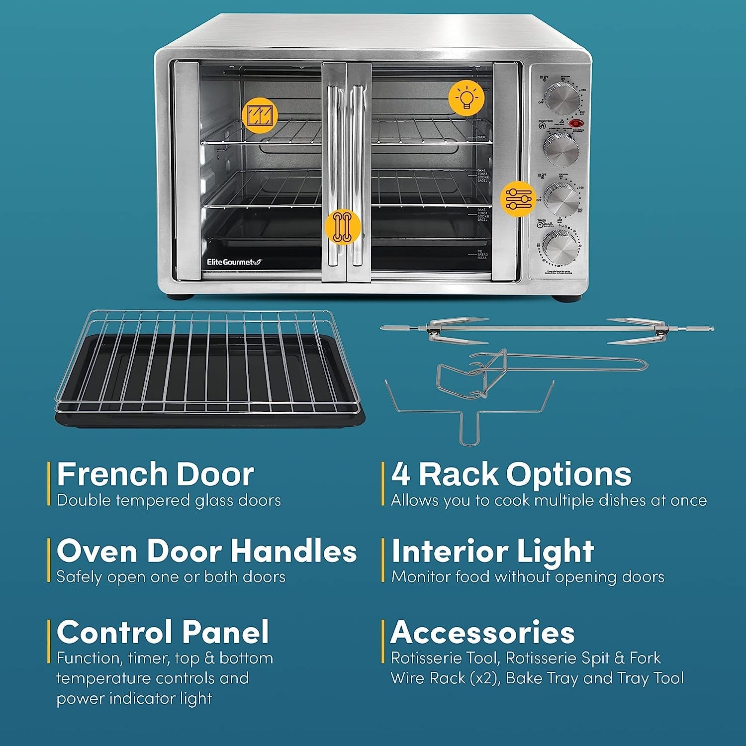 Elite Gourmet ETO-4510M French Door 47.5Qt. 18-Slice Convection Oven 4-Control Knobs. Bake Broil Toast Rotisserie Keep Warm. Includes 2 X 12 Pizza Racks. Stainless Steel - Image 6