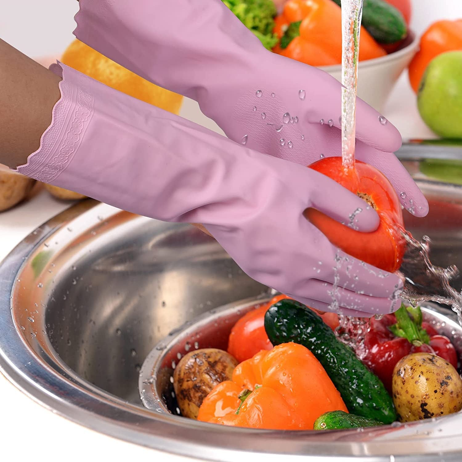 Rubber Cleaning Gloves - 3 Pairs Latex Free Kitchen Cleaning Gloves with Cotton Liner- Household Dishwashing Gloves. Non- Slip Waterproof (Large. Blue+Pink+White) - Image 3