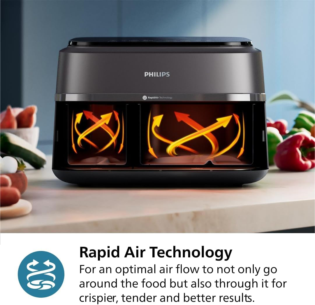 Philips Dual Basket Air Fryer 3000 Series. 8-In-1 Functions. 9.5 Quarts. 2 Drawers. Auto-Sync Cooking Time. 90% Less Fat. Rapid Air Technology. Homeid Recipe App. Dishwasher Safe. Black. (NA350/00) - Image 4