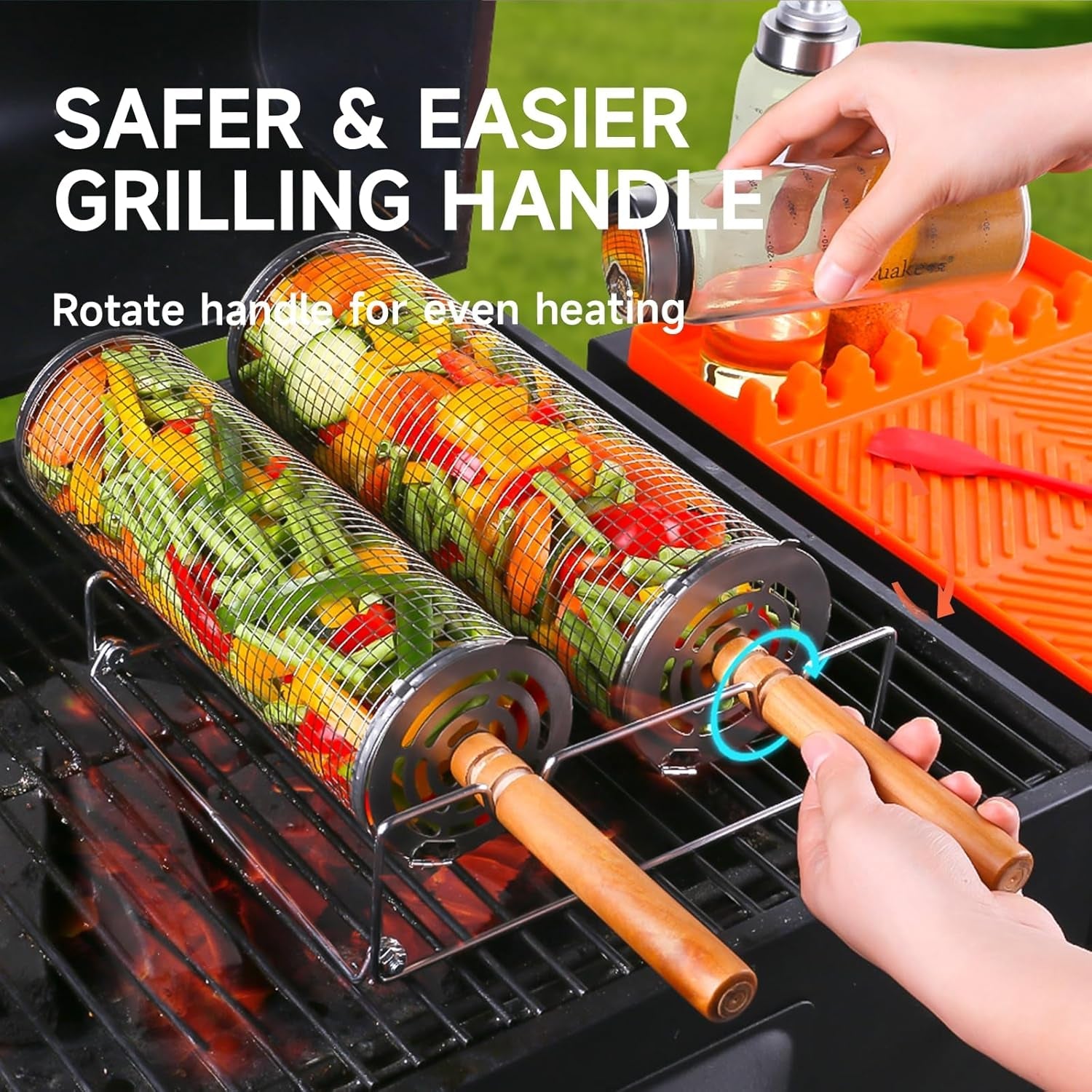 Rolling Grill Basket for Outdoor Grill 2 PCS. BBQ Grilling Gifts for Men Dad Husband. Stainless Steel Grill Mesh Barbeque Grill Accessories. Grilling Net with Wooden Handle & Stands. Outdoor Camping Tools for Chicken. Meat. Fish. Steak. Vegetables. Seafoo - Image 2