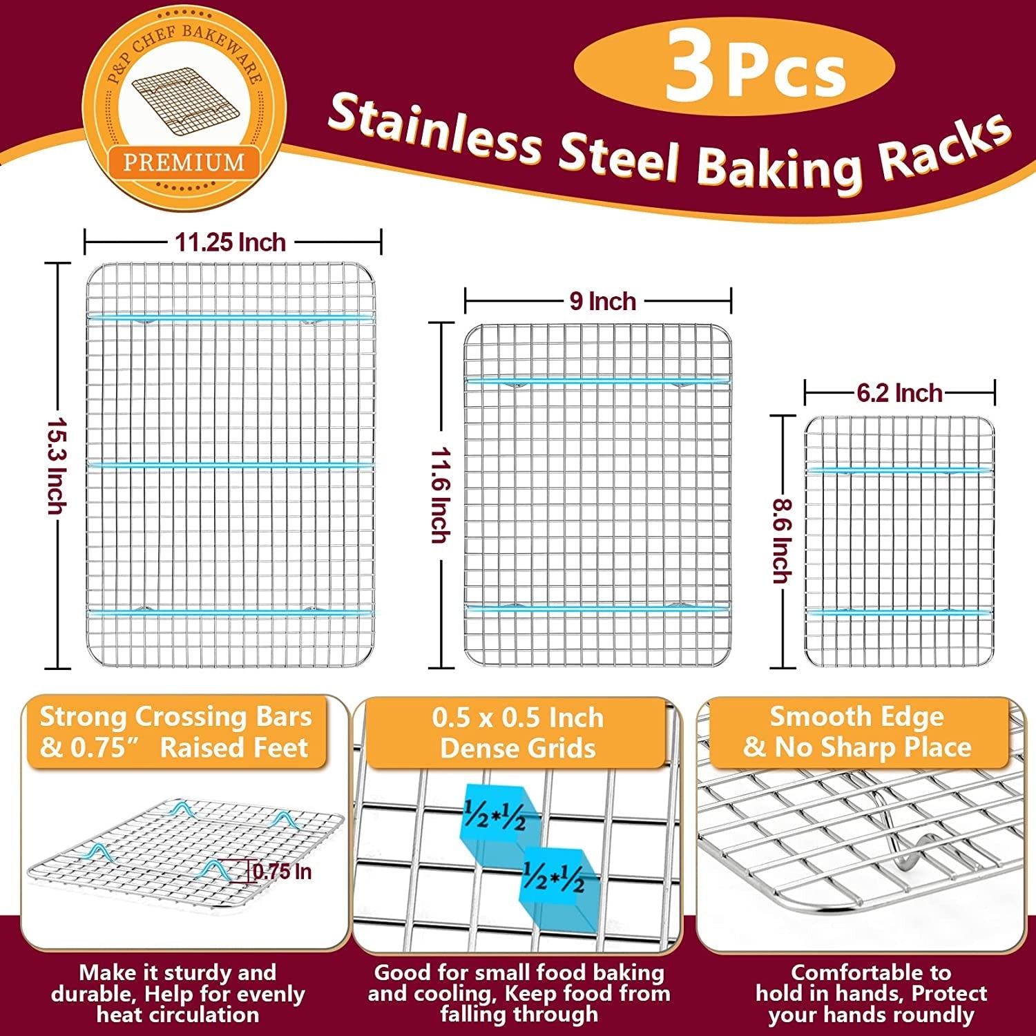 P&P CHEF Baking Sheet and Rack Set. 6 PACK (3 Sheets + 3 Racks). 3 Sizes Stainless Steel Baking Pans Cookie Sheets with Cooling Racks for Cooking & Roasting. Oven & Dishwasher Safe. Healthy & Durable - Image 3