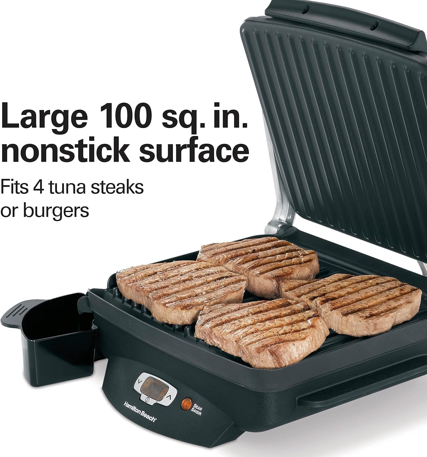 Hamilton Beach Steak Lover'S Electric Indoor Searing Grill. Nonstick 100 Square. Stainless Steel (25331). Black and Stainless. Medium - Image 3