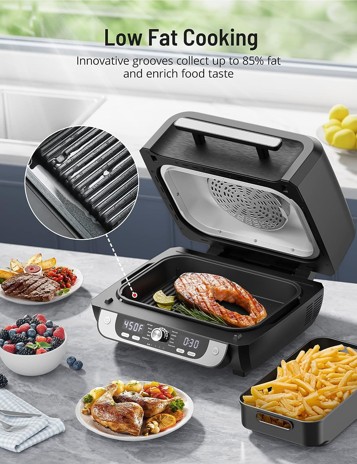 Smokeless Indoor Grill with Air Fryer. Electric Air Fryer Grill Combo. 12-In-1 for Grill. Griddle. Slow Cook. Broil. Bake. Crisp. Roast. Dehydrate. Dual Heating Elements. Easy Knob Control - Image 5