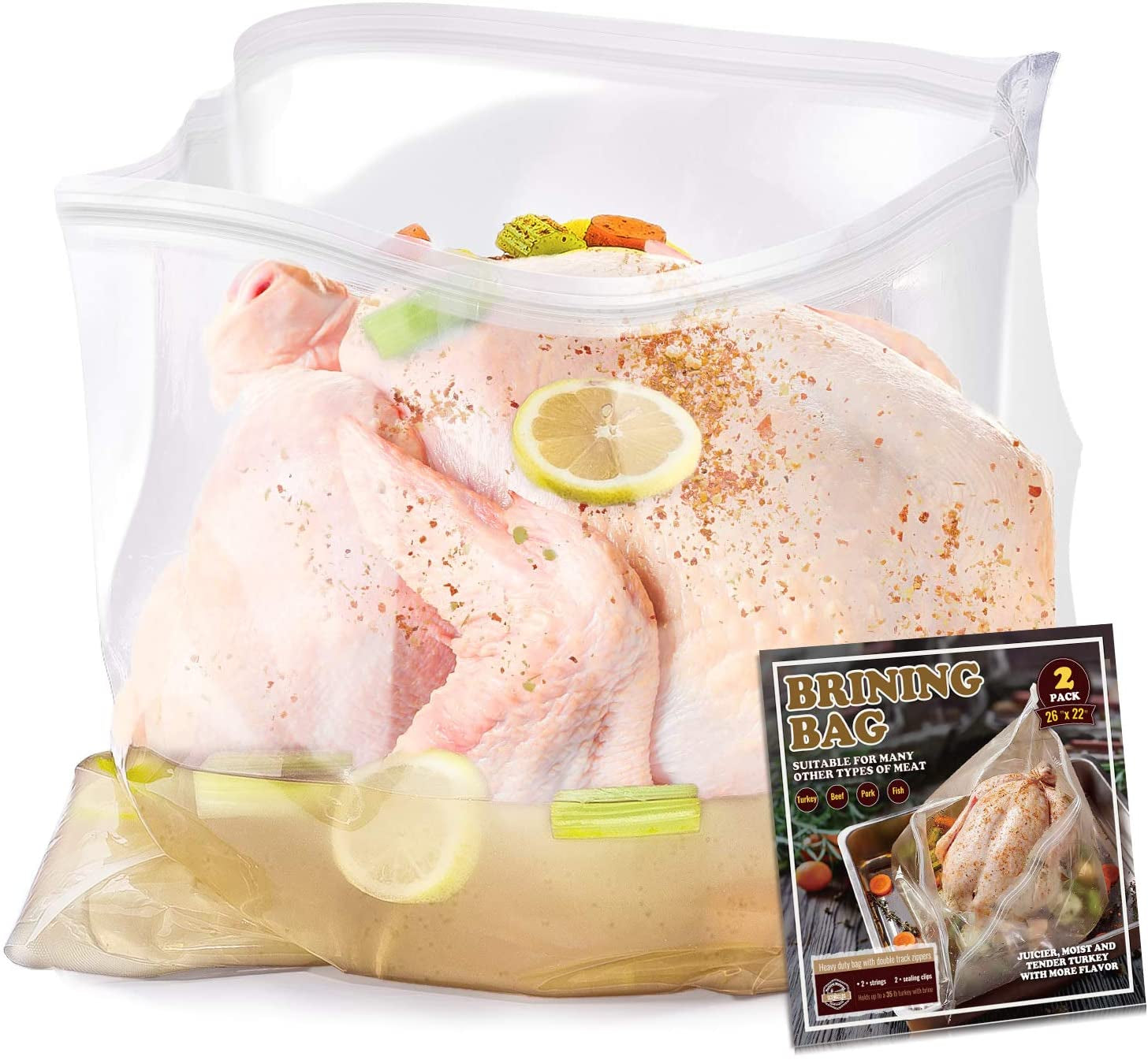 Turkey Brining Bag. 26×22. 2 Pack. Extra Large Brine Bag with 2 Strings and 2 Larger Clips. Thickened Brining Bag Holds up to 35 Pounds. Double Zippers Seal Brine Bags for Turkey. Chicken. Beef.Pork
