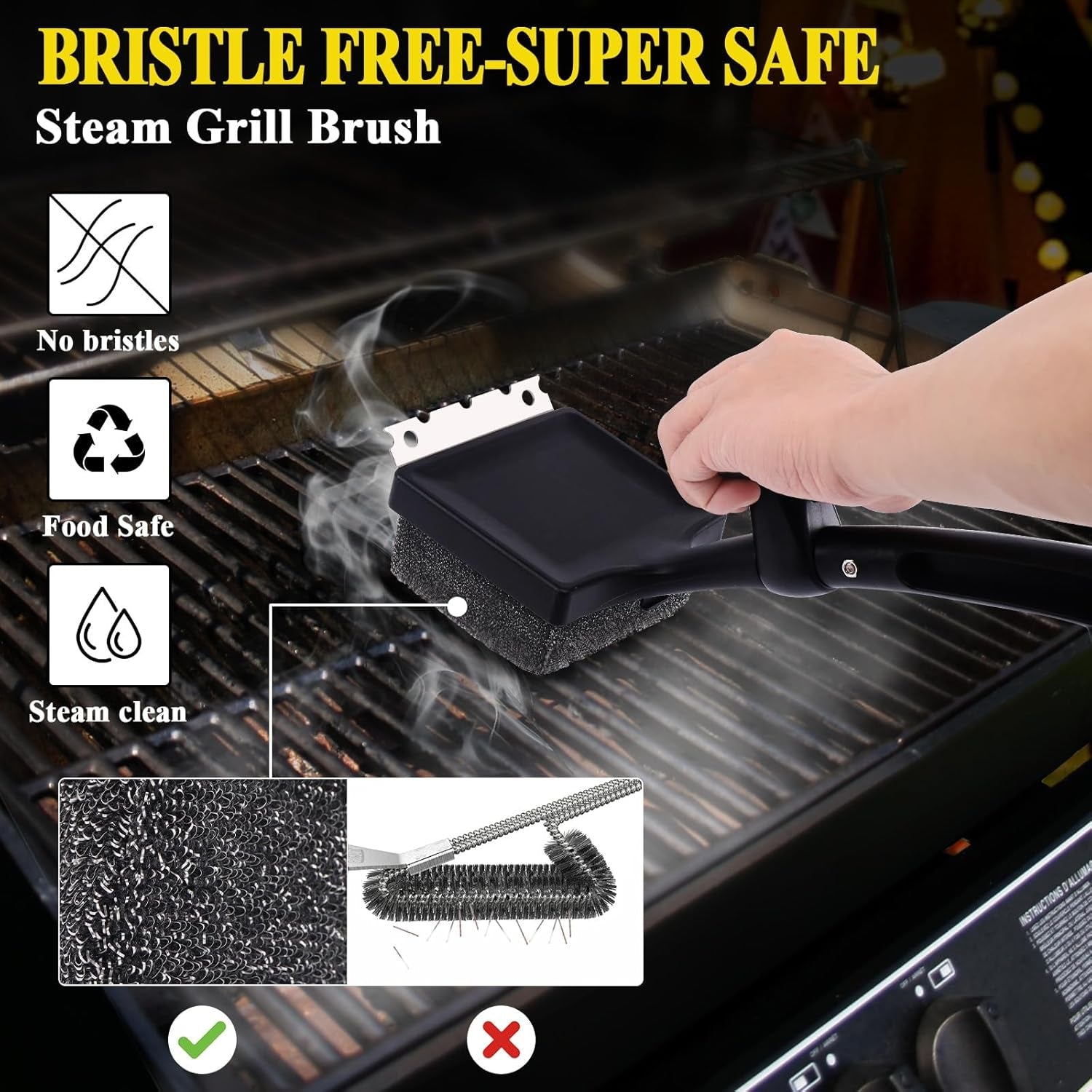 BBQ Grill Brush Bristle Free.4 in 1 Grill Brush for Outdoor Grill with Replaceable Cleaning Head.18.8 Extra Long Safe Steam Grill Cleaner Brush with Scraper.Bbq Accessories Gifts for Men - Image 2