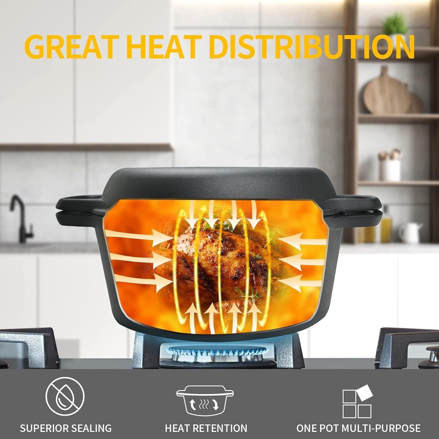 2-In-1 Pre-Seasoned Cast Iron Dutch Oven Pot with Skillet Lid Cooking Pan. Cast Iron Skillet Cookware Pan Set with Dual Handles Indoor Outdoor for Bread. Frying. Baking. Camping. BBQ. 5QT - Image 7