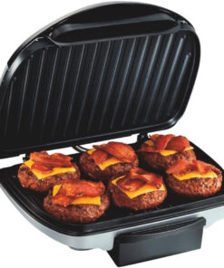 Hamilton Beach Electric Indoor Grill. 6-Serving. Large 90 Sq. In. Nonstick Easy Clean Plates. Floating Hinge for Thicker Foods. 1200 Watts. 6.38D X 12.68W X 13.78H . Silver (25371)