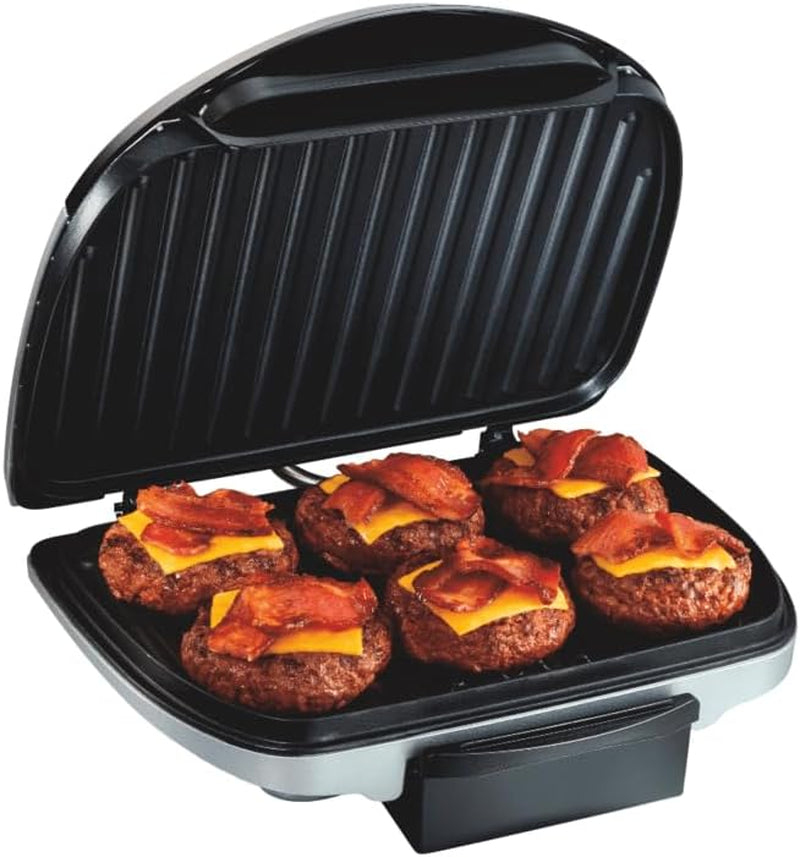 Hamilton Beach Electric Indoor Grill. 6-Serving. Large 90 Sq. In. Nonstick Easy Clean Plates. Floating Hinge for Thicker Foods. 1200 Watts. 6.38D X 12.68W X 13.78H . Silver (25371) - Image 9