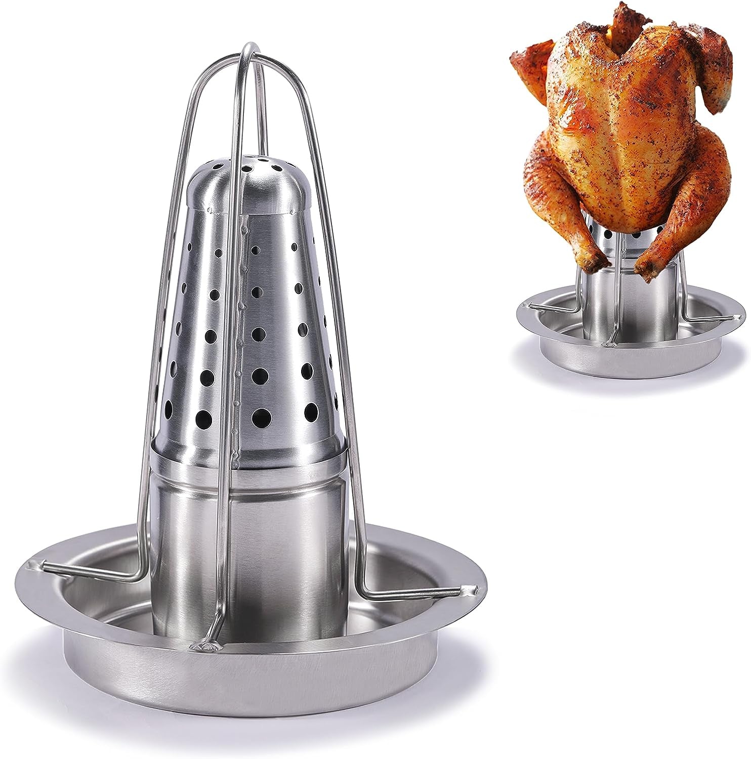 AMOZO Beer Can Chicken Roaster Stand - the New Stainless Steel Chicken Holder - Poultry Roasters with Flavouring Container.(1 Pack)
