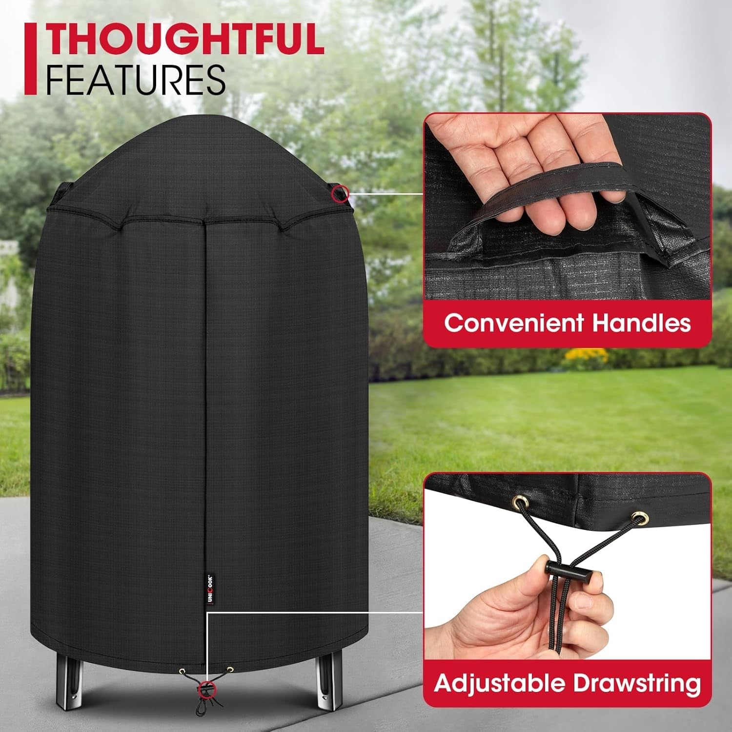 Unicook round Smoker Cover 30 Inch for Charcoal Kettle Grills. BBQ Grill Cover. Waterproof Vinyl Exterior with Polyester Lining. Compatible with Pit Barrel Cooker. Char-Griller and Akorn Kamado Etc. - Image 5