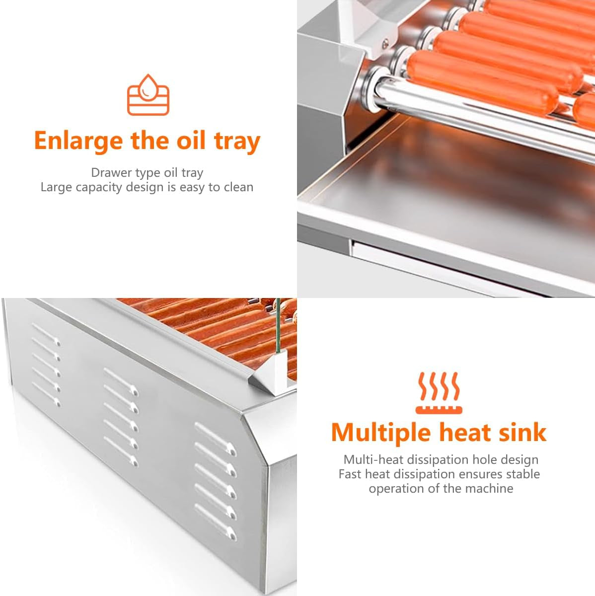 1670W Hot Dog Roller Machine/Sausage Grill with Dust Cover.Stainless Steel 11 Rollers 30 Hot Dog Roller Grill Cooker Machine with Dual Temp Control and LED Light/Detachable Drip Tray - Image 5
