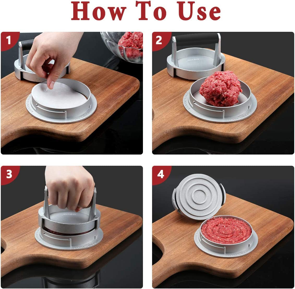 OVOS Burger Press Adjustable Thickness 3 in 1 Hamburger Patty Maker Aluminum Non Stick Patty Making Mold with 100 Wax Papers for Burgers and Meat Patties - Image 4