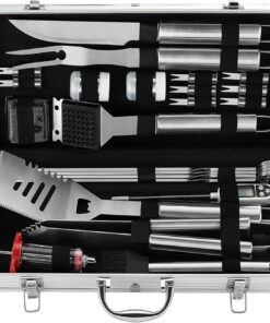 Grilljoy 24PCS BBQ Grill Tools Set with Meat Thermometer and Injector - Extra Thick Stainless Steel Fork. Spatula& Tongs - Complete BBQ Accessories in Aluminum Case - Perfect Grill Gifts for Men